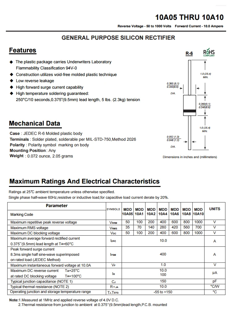 R-6 정류기 다이오드, 30A10, 20A10, 10A10, 6A10, 10A20, 6A, 10A, 20A, 30A, 1000V, 2000V, 20 개