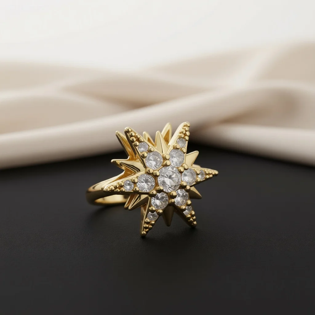 Silver‑Tone Double Star Zircon Ring for Women, Multi Layer Eight Point Star Pave Clear Stone Bold Statement Finger Jewelry