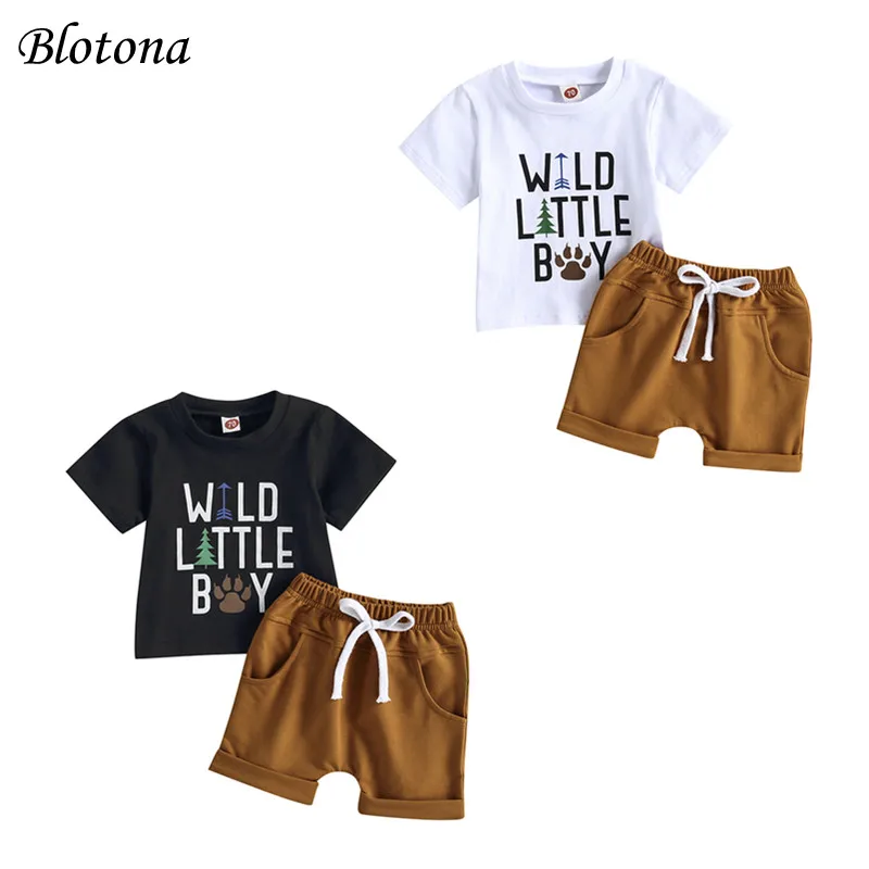 

Blotona Toddler Boys Summer Casual Outfits Short Sleeve Letter Print T-shirt + Solid Color Drawstring Shorts 0-3Years