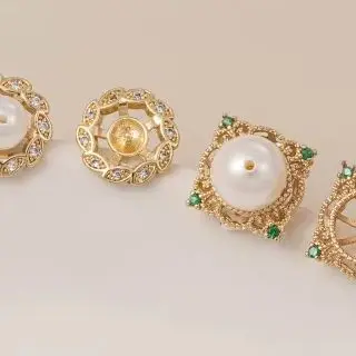 

1Pair 14K Gold-Encrusted Zircon Lace Stud Earrings round & Square Inlaid with Beads S925 Silver Needle Handmade DIY Jewelry