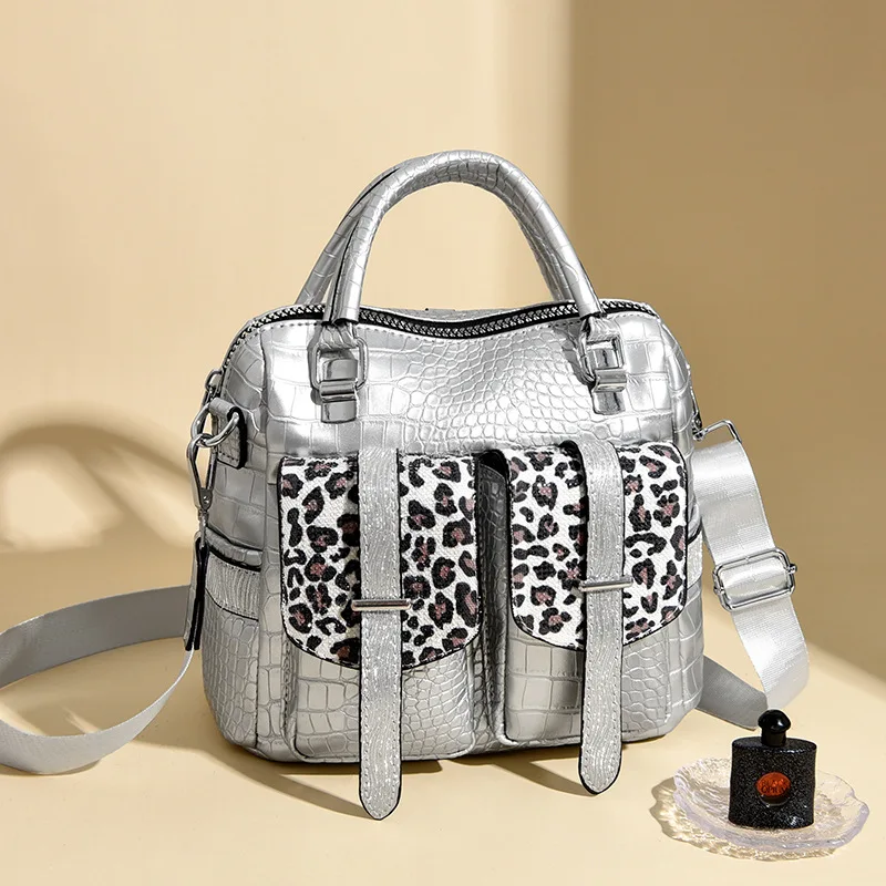 

2025 New Cross-Border Rhinestone Leopard Print 2-Way Backpack Classic Double-Pocket Patent Crocodile Women's Bag