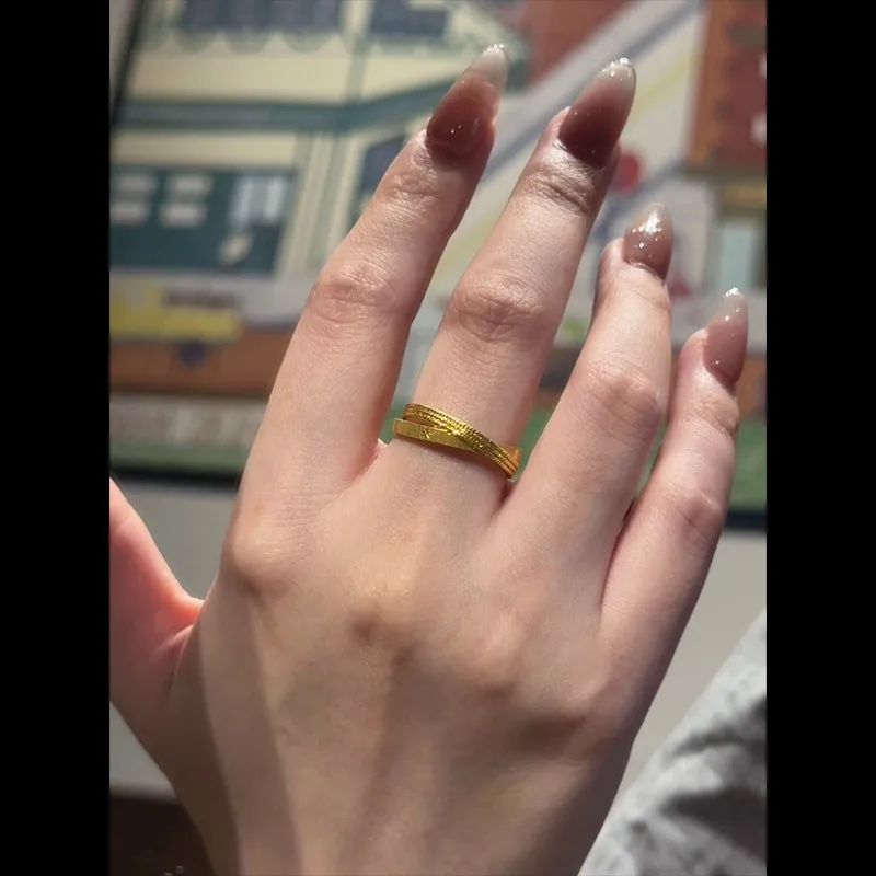 9999 24K real gold brushed double ring cross ring, ancient money style, retro light luxury, high-end eight-pointed star element