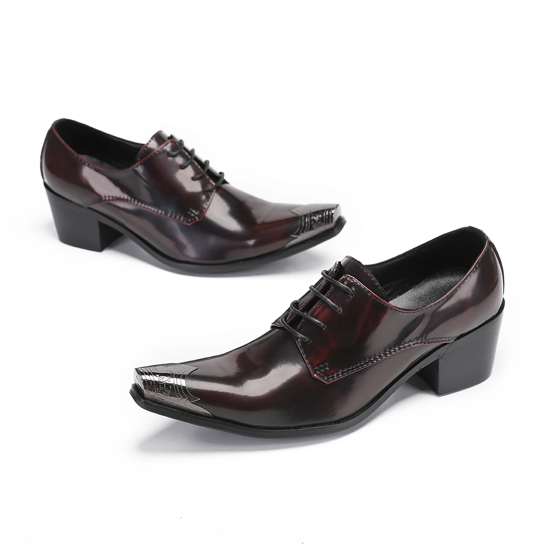 

Classic Solid Leather Men High Heels Shoes Lace Up Metal Pointed Toe Causal Business Office Formal Oxfords Man Dressing Shoes