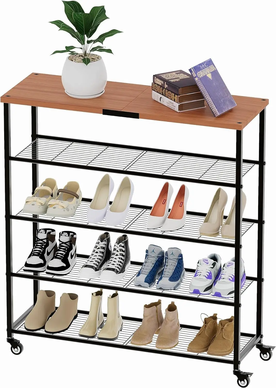 Simple Trending-5 Tier Extra Large Shoe Rack, Rolling Shoe Storage Organizer and Heavy Duty Casters with Brake Closet Entryway