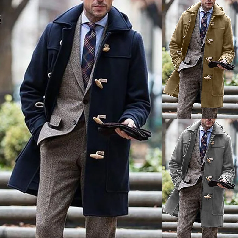 

Модное мужское пальто средней длины с воротником-стойкой, новинка 2025, молодежное длинное пальто чистого цвета для мужчин среднего возраста