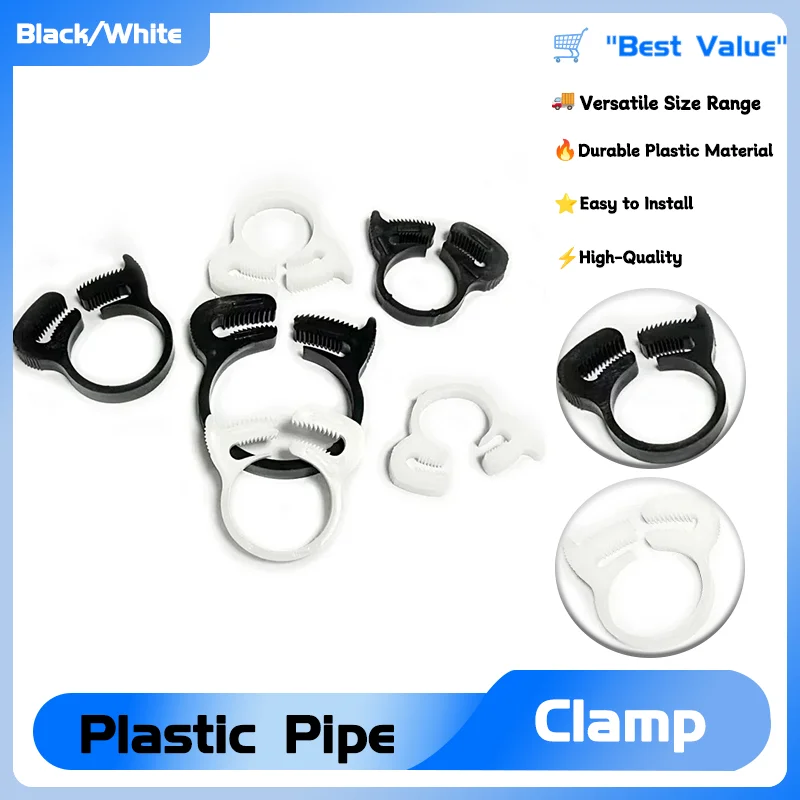 

Plastic Line Water Pipe Strong Clip Spring Cramps Fuel Air Tube Fitting Fixed Tool Hose Clamps 3.8~59mm 10pcs Black/White