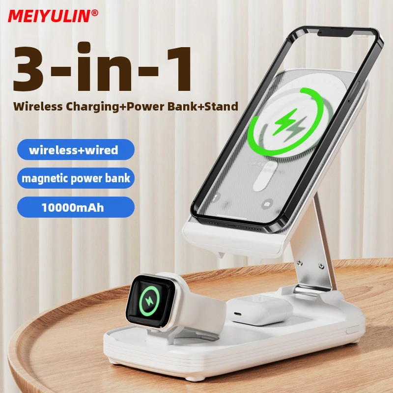 For Apple Watch 10000mAh Portable Wireless Power Bank Magnetic USB C Fast Charging External Battery Stand for iPhone 16 Airpods