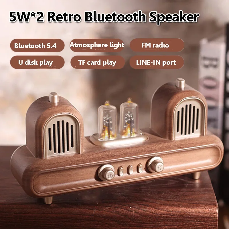 Portable Vintage Bluetooth Speaker Wireless Stereo Soundbar Wireless Music Player with Atmosphere Light Support FM TF USB AUX