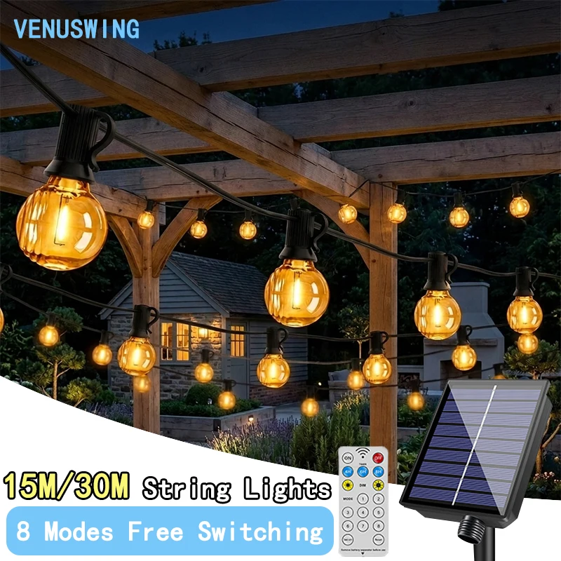 50/100FT G40 Solar String Light Dimmable Gazebo Lights 8 Modes Bistro Lamp Waterproof Shatterproof Solar Hanging Lights