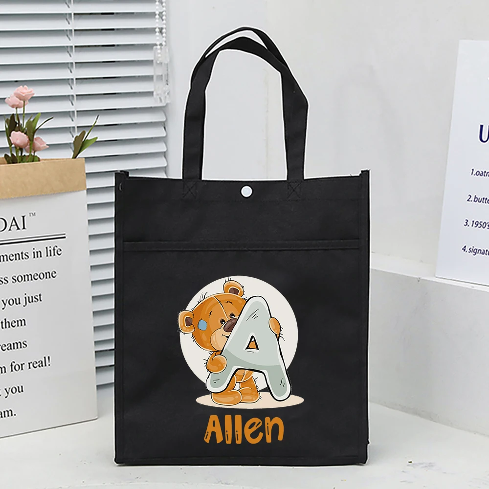 Personalized Initial with Name Kids Library Tote Bag Homeschool Bags Oxford School Reading Books Bag Birthday Gift for Children