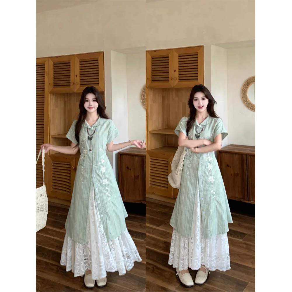 

Summer Slimming Two-Piece Set Embroidered Striped Artistic Shirt Dress plus Size Women's Fashion Polyester Fiber Short Sleeve