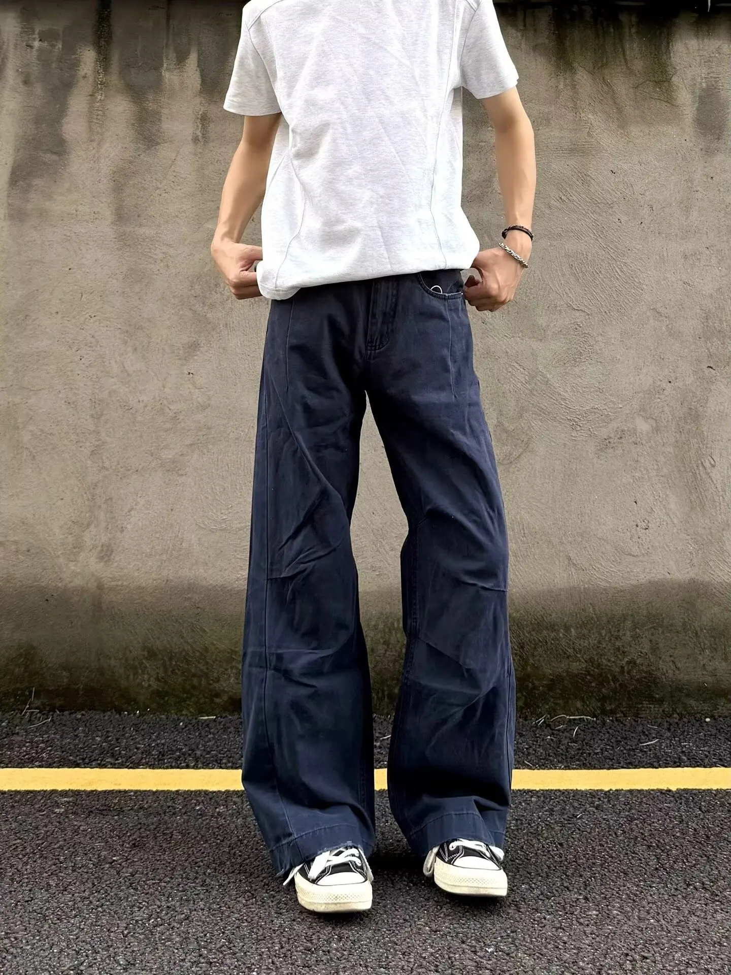 Retro American Trendy Folded Dark Blue Work Pants Men Slim Straight Leg Micro Flared Casual Trousers Youth Popular Style