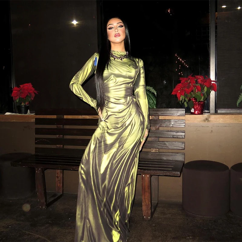 Moda impressão manga longa fino ajuste maxi vestido em torno do pescoço outono 2024 vestido feminino transoceanic estilo transfronteiriço