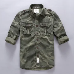 Men Summer Fashion Casual Shirts  Camouflage Cargo Cotton Linen Shirts Male Long Sleeve Pockets Safari  Fans Tops