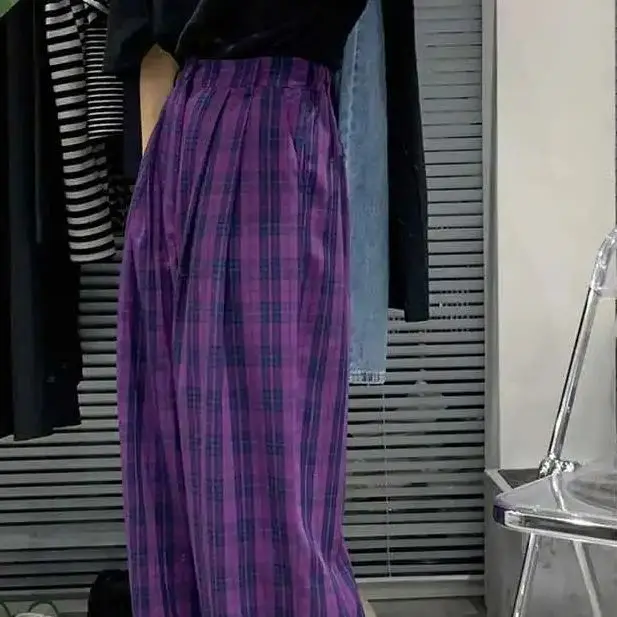 

Joker Drape Pants Women Spring Full Length Plaid High Waist Straight Casual Chic Classic Loose Stylish Newly Fashion All-Match