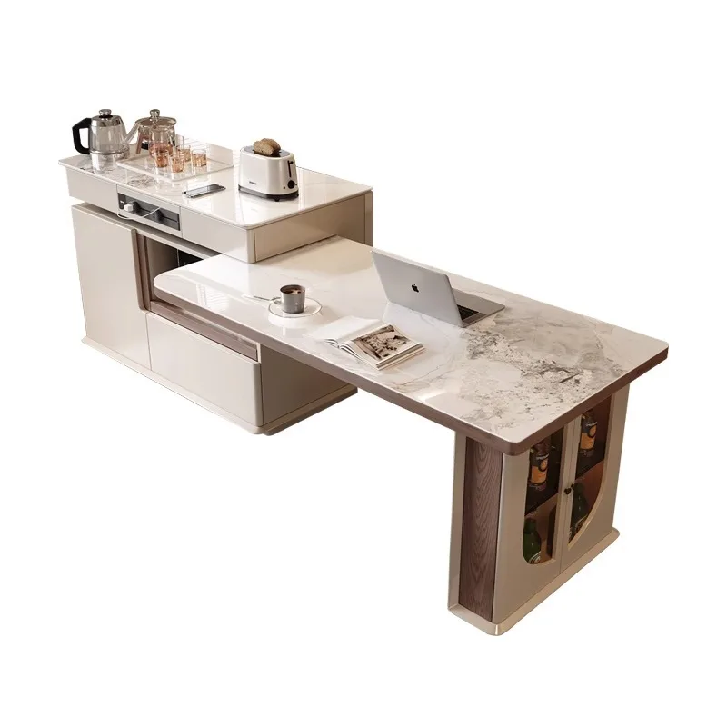 

Rock slab island dining table integrated rotatable and retractable cream wind multi-functional open kitchen