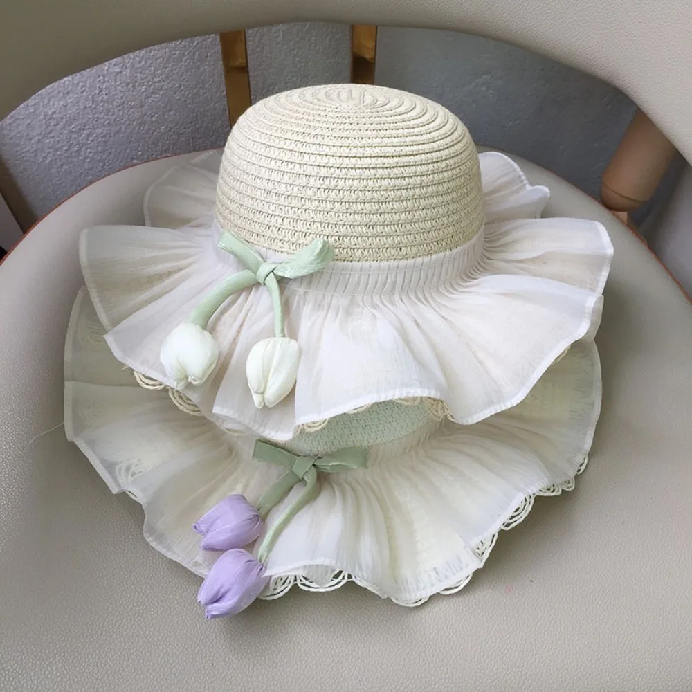 

Sweet Sun Protection Sunscreen Sun Hat Breathable Flowers Children Straw Hat Big Brim Beach Hat Girls