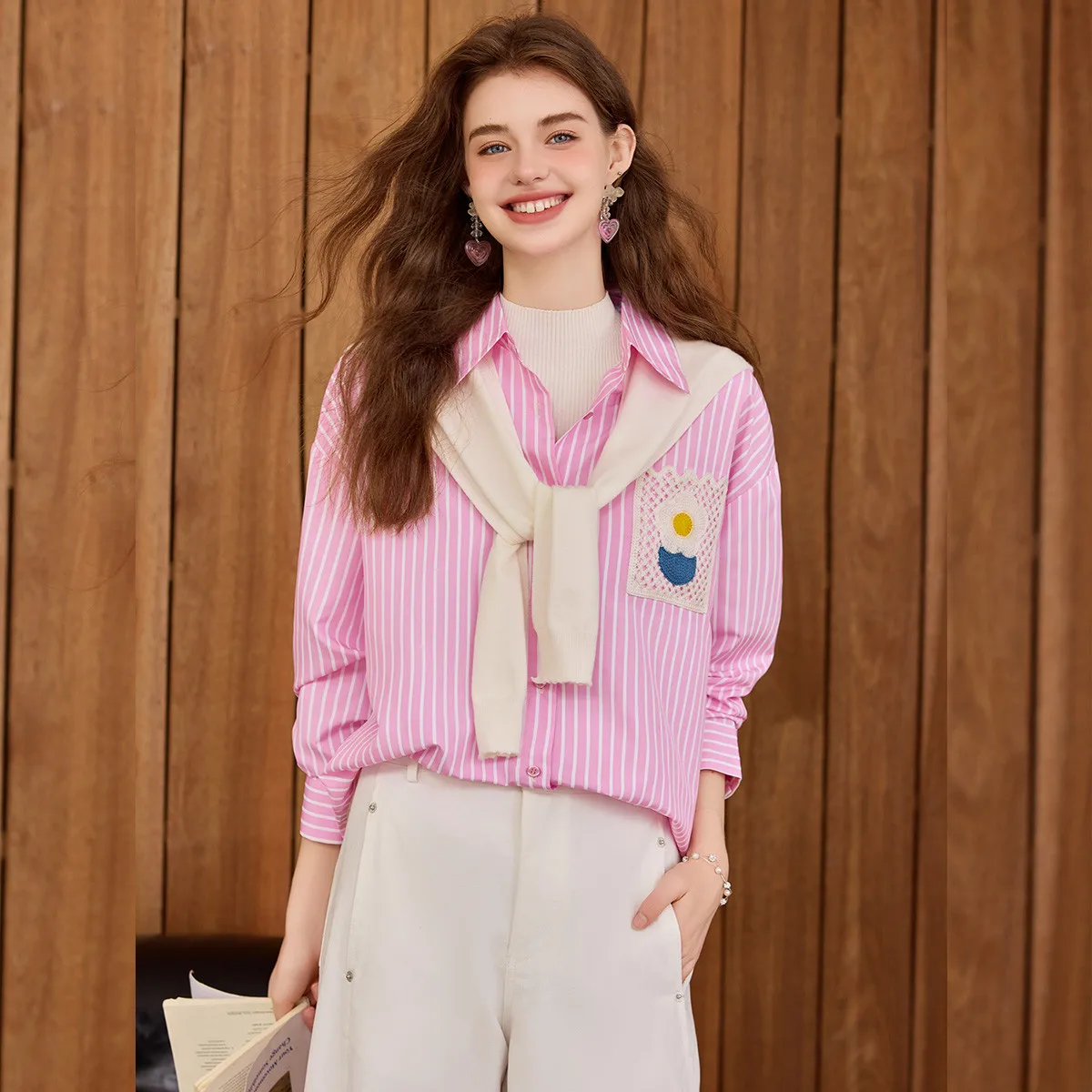 LOUIS YAO New Pocket Striped Women's Shirt 2025 Autumn Blouses Contrast Color Collared Shirt Drop-Shoulder Sleeve Tops