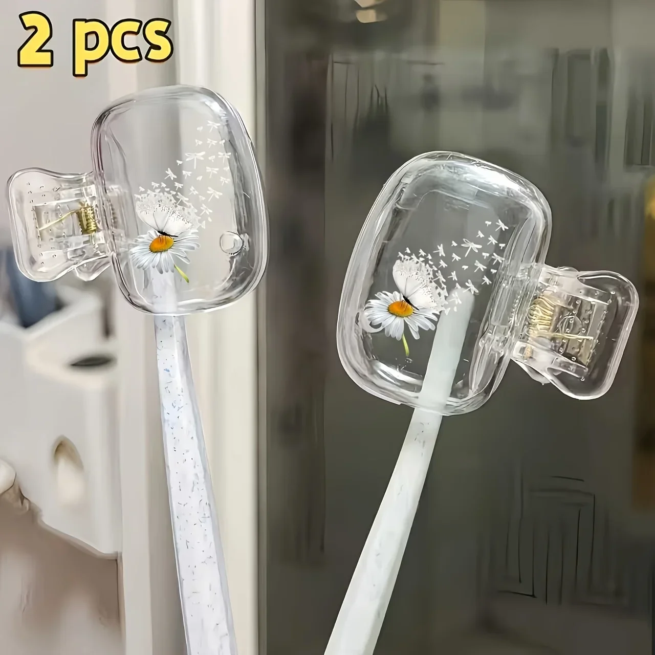 2pcs Fresh White Daisy Dandelion Toothbrush Dust Cover Dustproof and Moisture-Proof Bathroom Storage Rack Home Organization