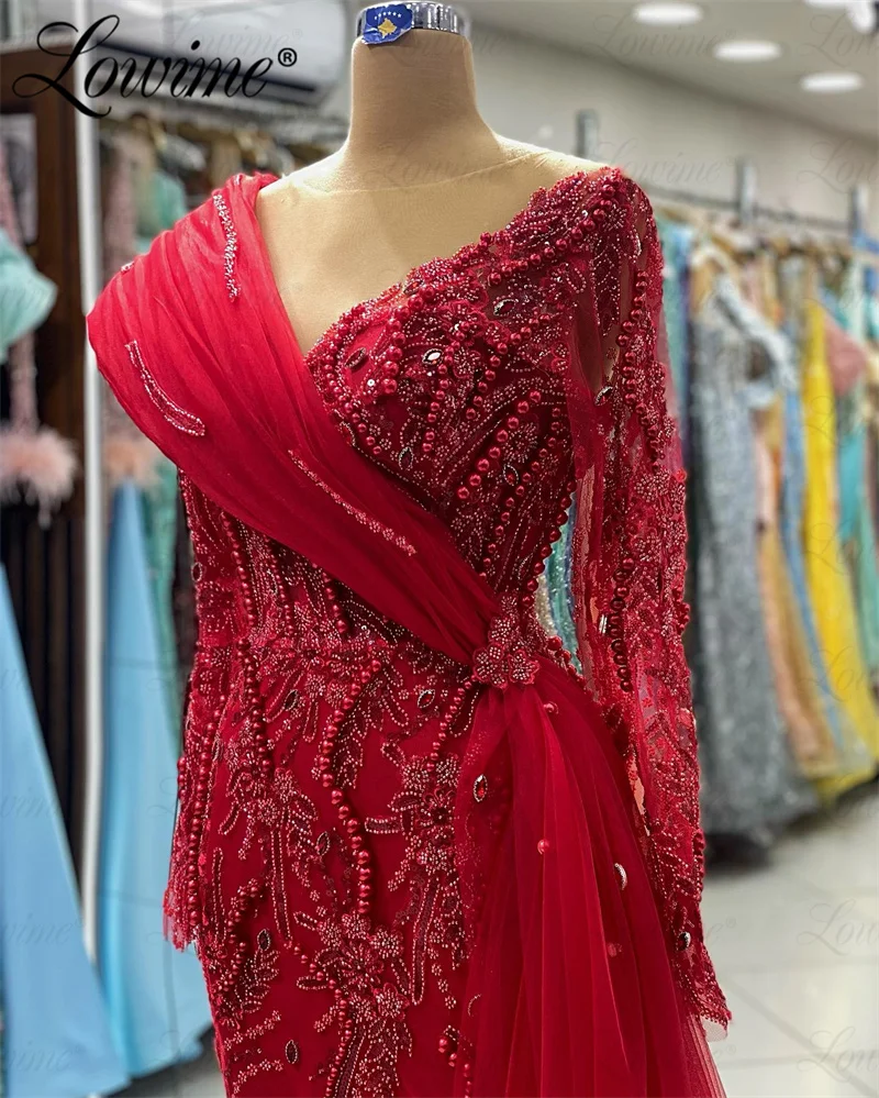 Abendkleider-Robe de soirée rouge perlée pour femme, design Dubaï, grande taille, manches longues, robe de gala éducative, robe de soirée sirène, luxe, 2023