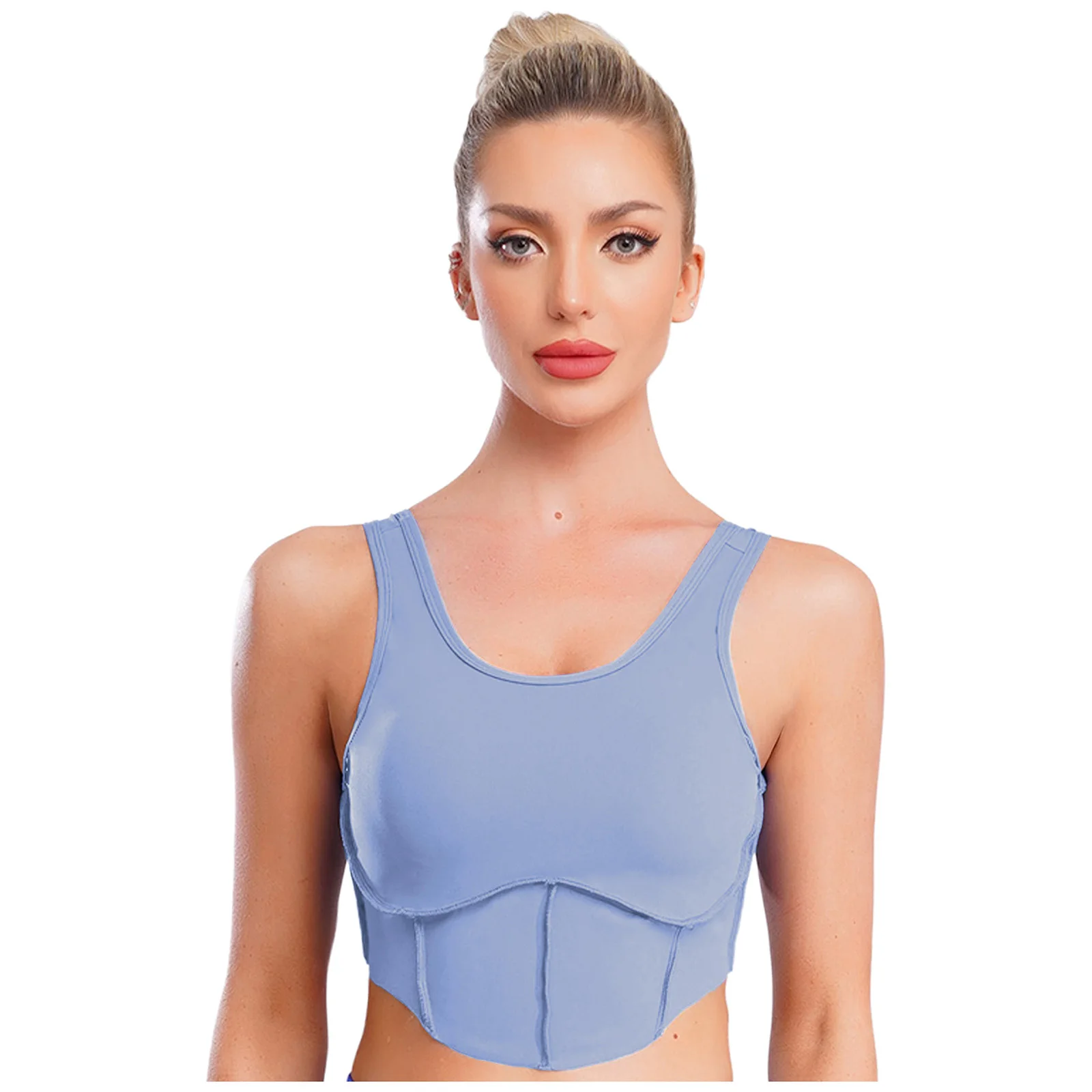 Canottiere da allenamento da donna con orlo curvo, scollo a U, senza maniche, top corto, yoga, sport atletico, pilates, gilet da palestra con pettorali rimovibili