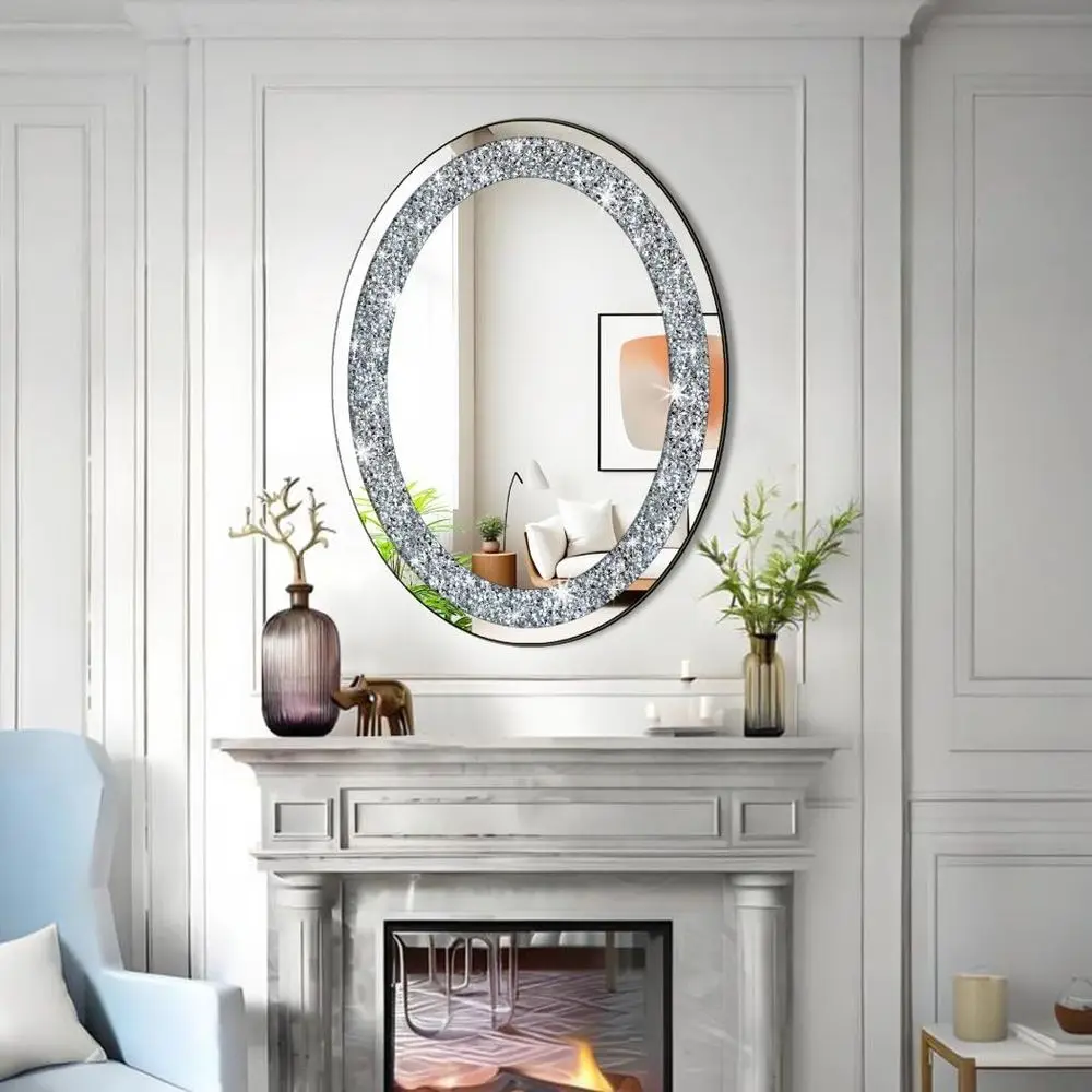 화려한 타원형 은색 거울, 24x32 인치, 프레임 없는 벽 장식, 반짝이는 유리, 세련된 홈 액센트