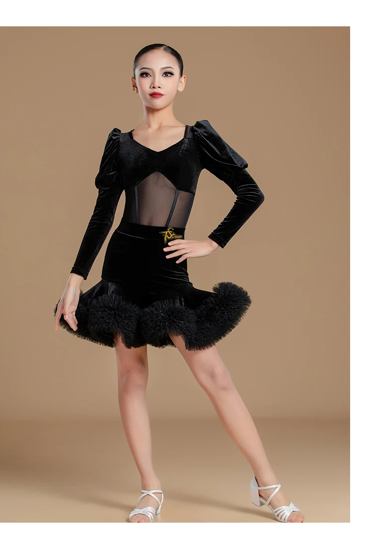Traje de entrenamiento de baile latino para niños de alta gama Elite otoño e invierno nuevo conjunto negro de terciopelo traje de práctica de baile latino para mujeres