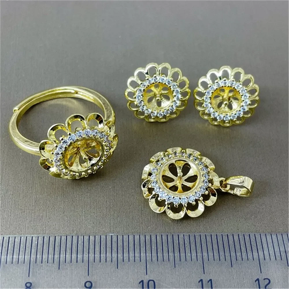 DIY Accessories 18K Bag Gold Copper Thick Gold Plating Classic Hollow Sun Flower Pendant Earrings Ring Set Empty Holder