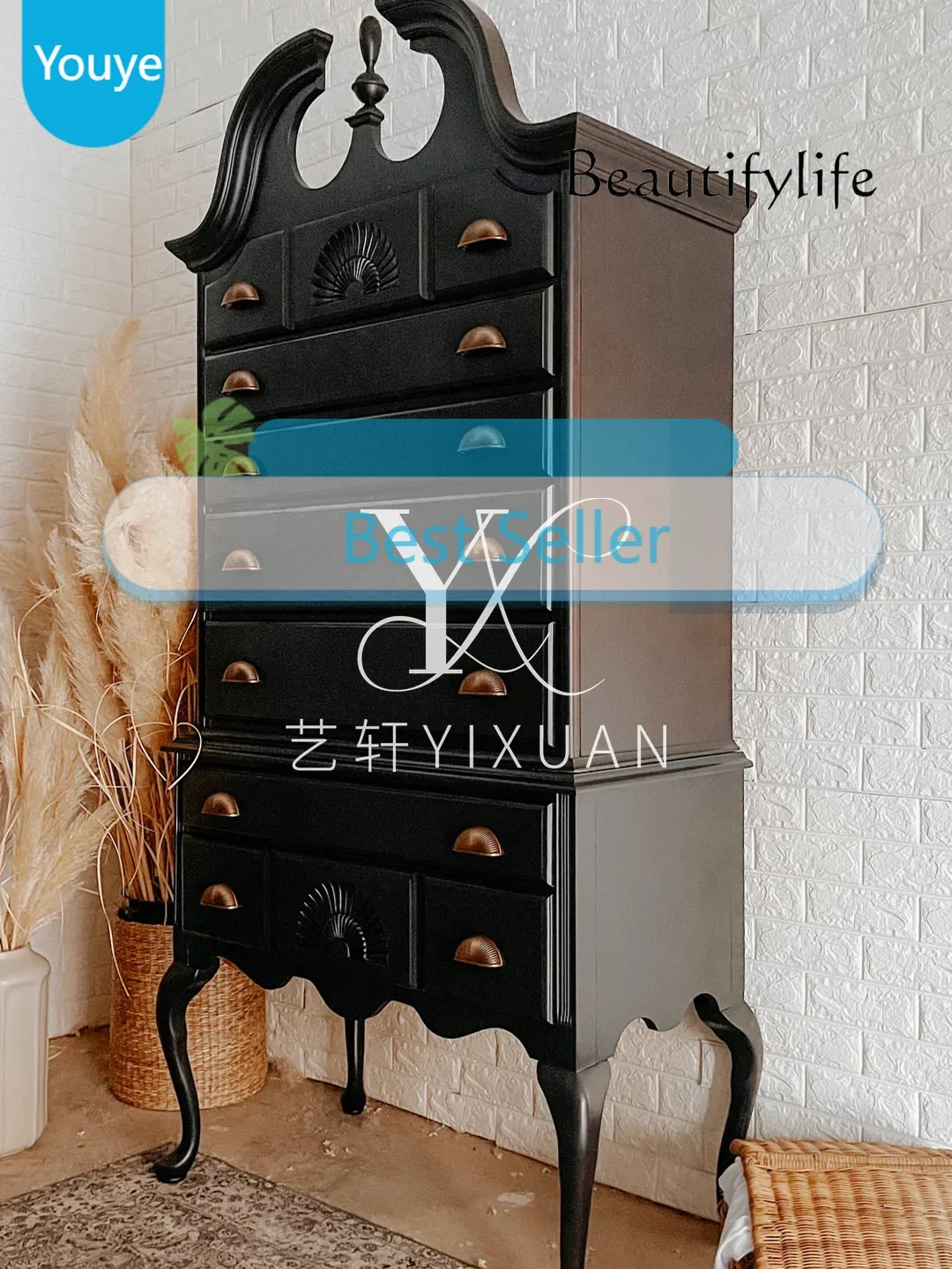 

N19 NEW French retro solid wood living room against the wall storage cabinet simple black drawer cabinet furniture customization