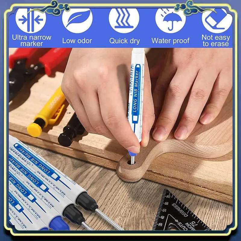 Portable 10Pcs Deep Hole Marker Pen, Multi-Purpose Long Nib Deep Reach Marker Pen, Carpentry Plastic Metal Glass Marking Tool