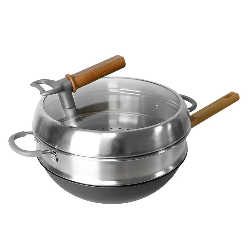 Wok with steamer steam up and cook all kinds of stoves suitable for household cooking titanium-fragrant stainless steel iron pan
