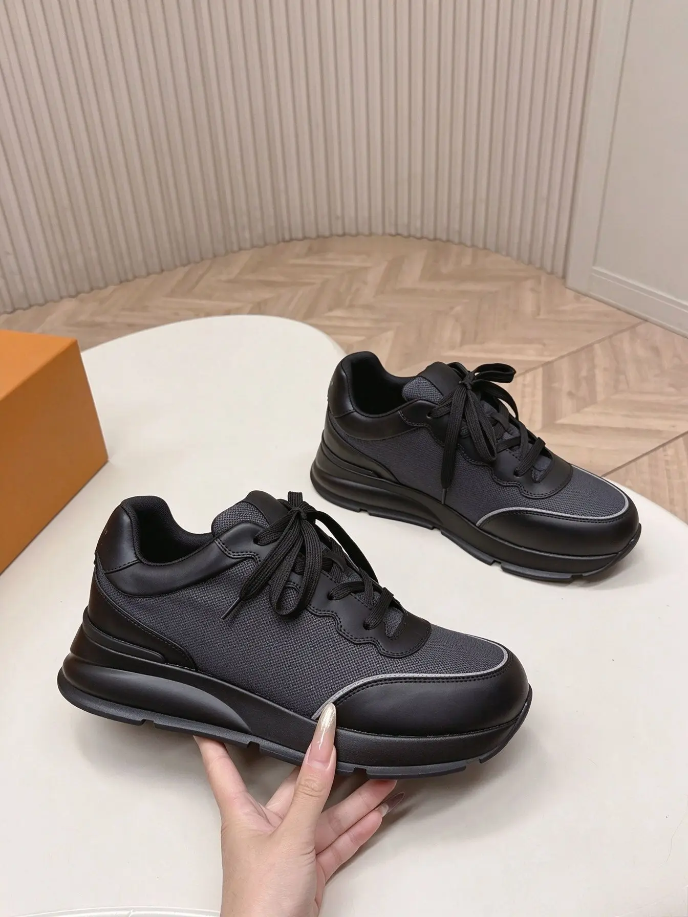Unisex Full Black Mesh Leather Stitching Sneakers Lace‑Up Thick Cushion Sole Daily Walking Sports Shoes for Men Women