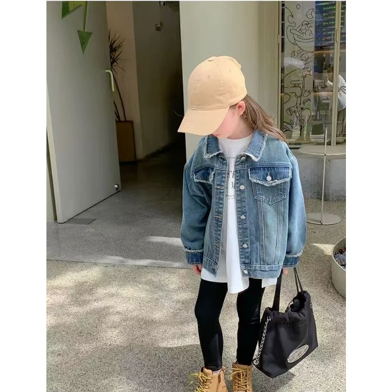 

Kids Casual Jacket Solid Color Jeans Coats Fashion Girls Retro Fringed Edges Denim Jacket Teenage Clothes Children Outerwears