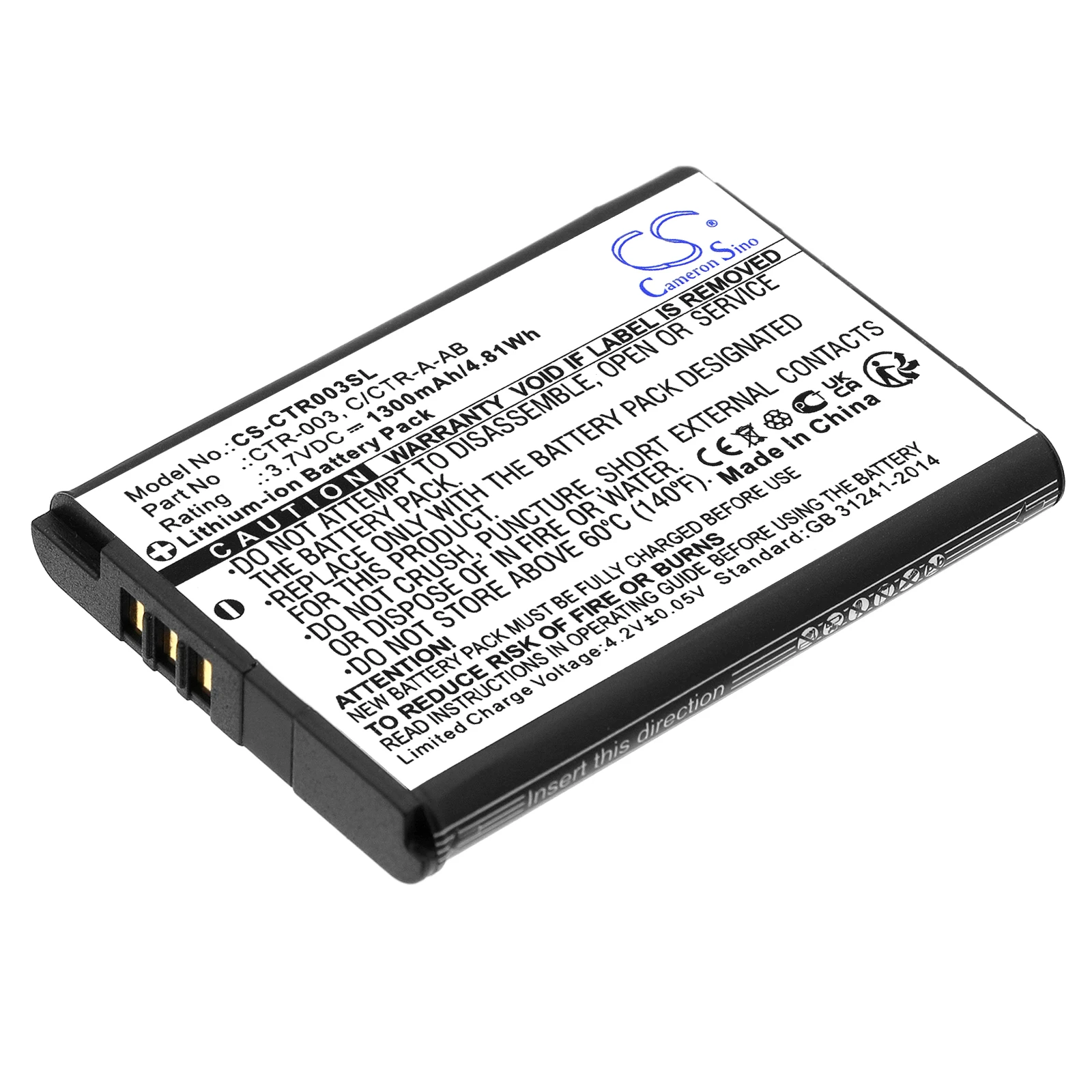 

Li-ion Game Console Battery for Nintendo, 3.7V, 1300mAh, Compatible Models: 2DS XL, 3DS, CTR-001, JAN-001, MIN-CTR-001