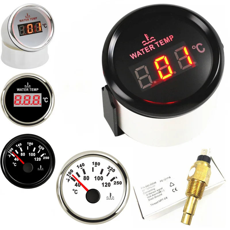 Auto Water Temp Meters 52mm 40-120℃ Water Temperature Sensors M14X1.5 M16X1.5 NPT3/8 Digital Gauges with Red Backlight for Boat