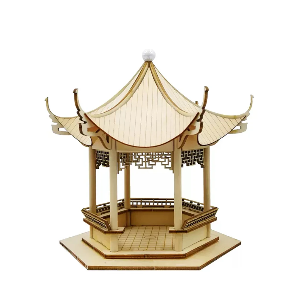 NIDALE Model Chinese Classic Ancient wooden bower Hexagonal Pavilion model kits sand table wooden model