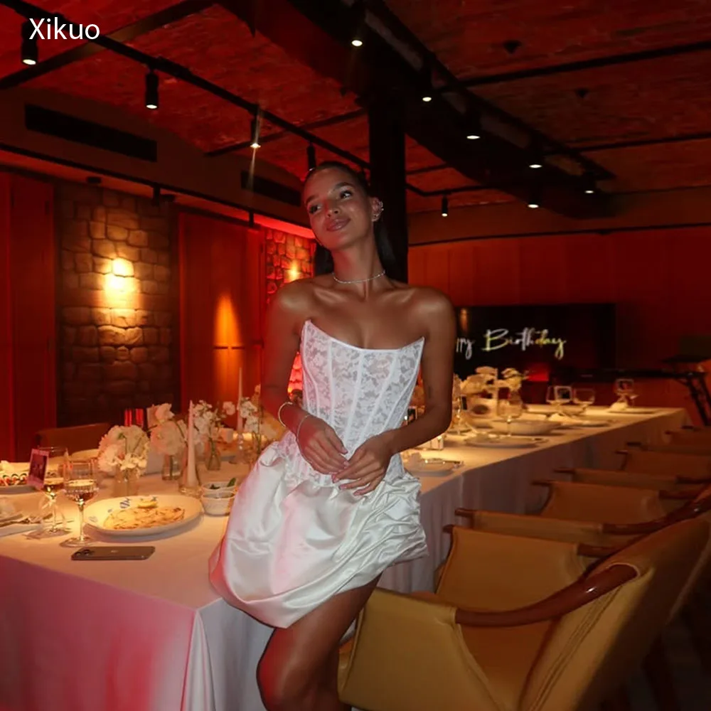 

Xikuo Asymmetrical Satin Hem Wedding Dress Strapless Backless Bespoke Occasion Bridal Gowns Lace Appliques Prom Gowns Customized