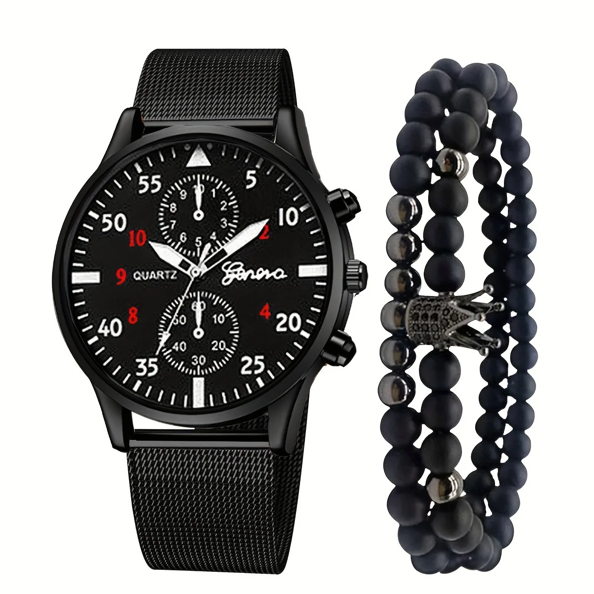 New Men's Fashion Business Steel Strap Scale Dial Quartz Watch + Crown Beaded Bracelet