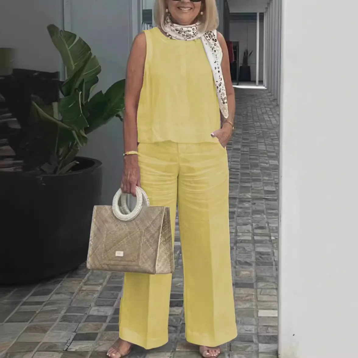 

Fashion Casual Simple Cotton Linen Women's Suits 2025 Summer Sleeveless Loose Blouse Wide Leg Pants Two Piece Set Outfits