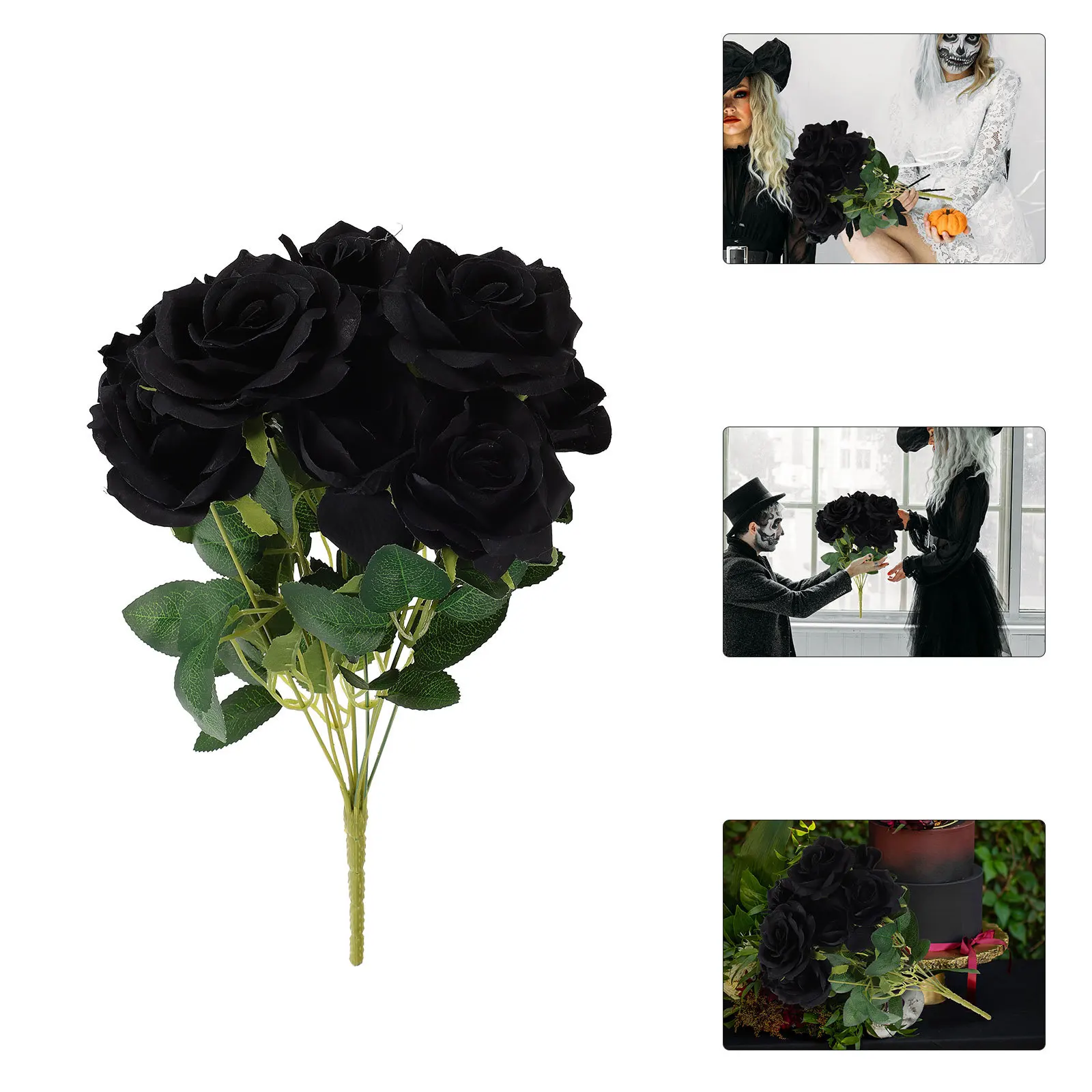 

1Pcs Halloween Black Rose Simulation Artificial Flower Bouquet 9 Branch Fake Ornament for Festival Wedding Home Party Decoration