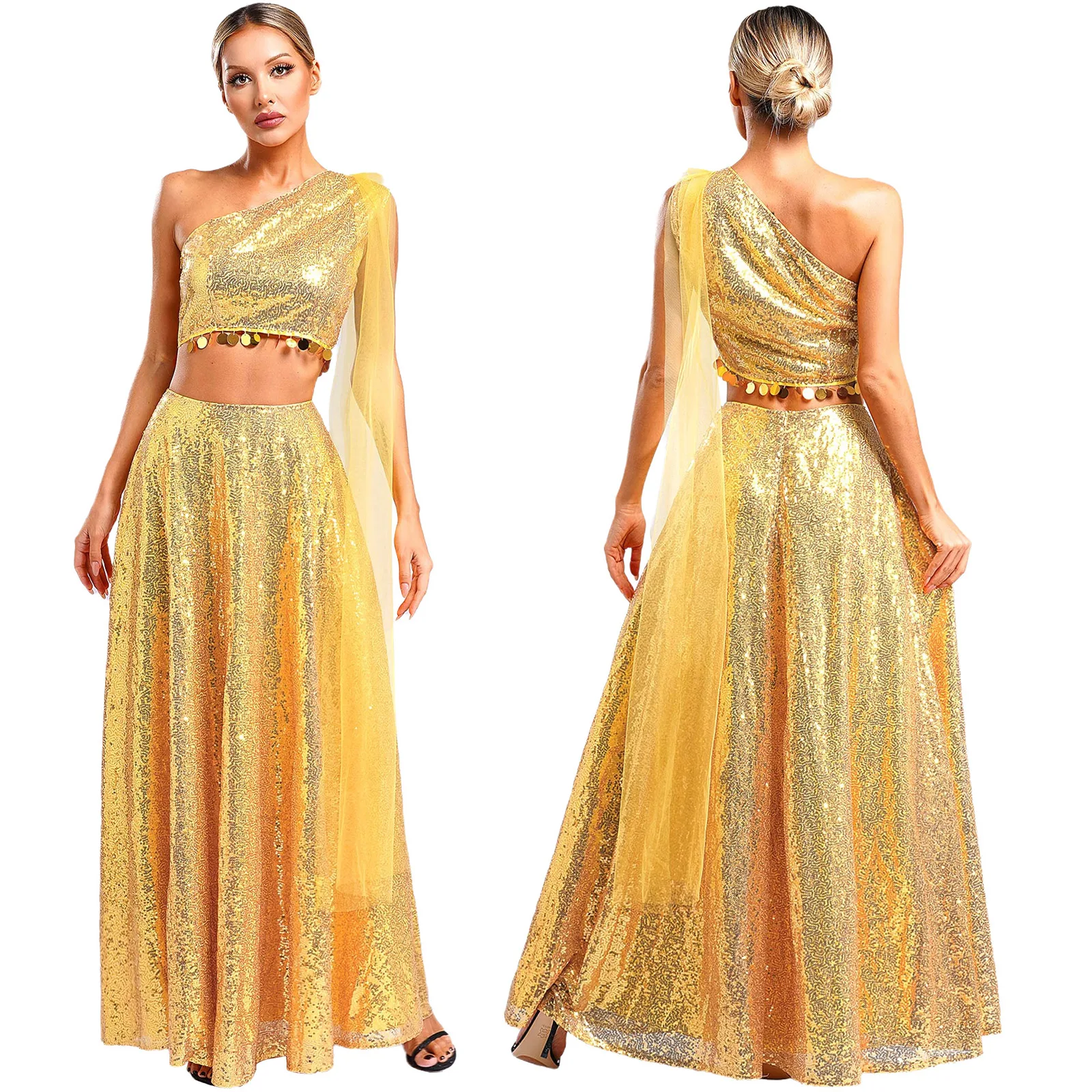 

Womens Shiny Sequins India Lehenga Party Gown Dress Sleeveless Crop Top with Saree Drape and Maxi Skirt for Wedding Banquets