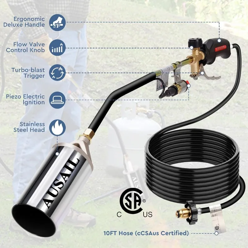 Propane Torch Weed Burner,Blow Torch,Heavy Duty,High Output 1,800,000 BTU,Flamethrower with Turbo Trigger Push Button Igniter