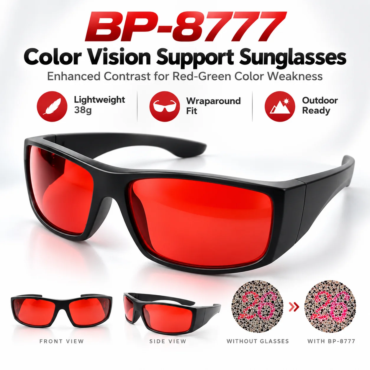 Gafas de soporte para la visión de colores rojo y verde BP-8777, gafas de sol con lentes rojas que mejoran el contraste, gafas ligeras de diseño envolvente.