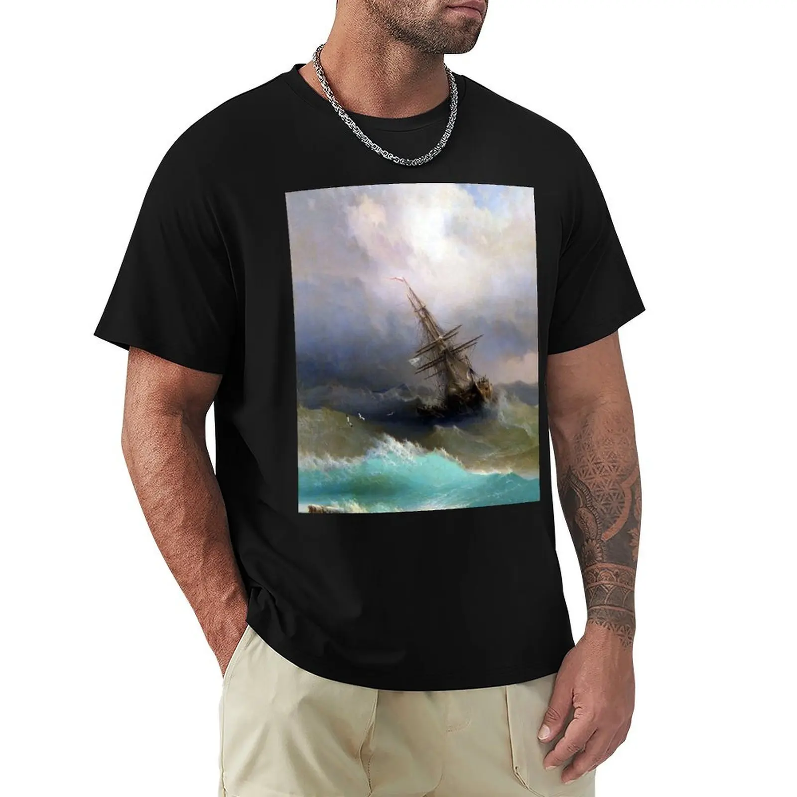 Ship in the Stormy Sea Ivan Aivazovsky T-Shirt Breathable Mesh Panel T-Shirt