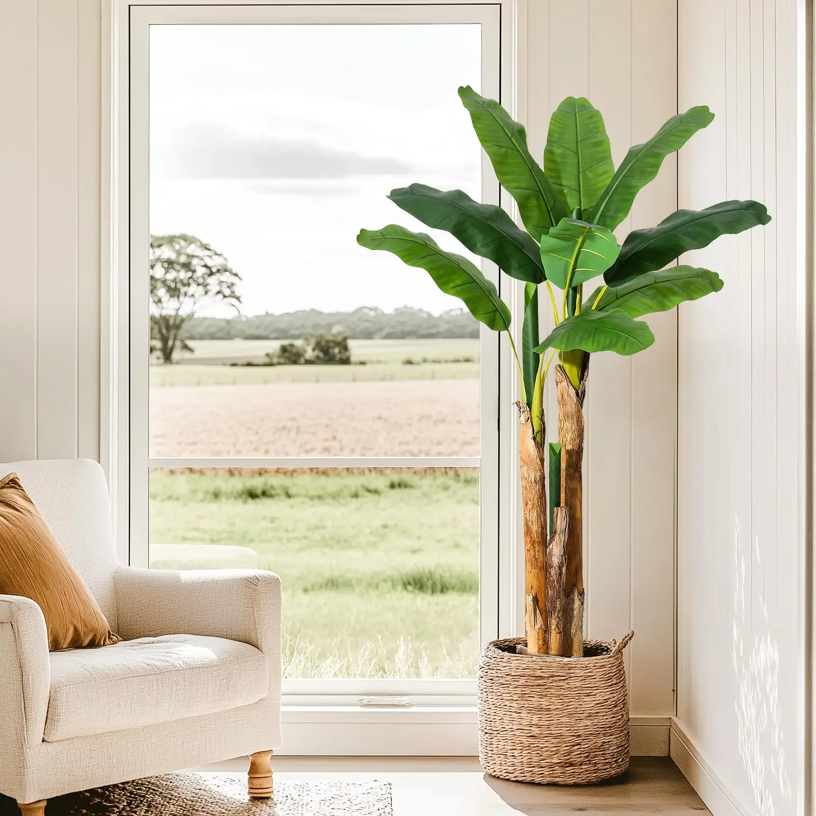 Árbol de plátano artificial realista de 1,5 a 1,8 metros con maceta gris: planta exótica de seda sintética resistente a los rayos UV, ideal para decorar interiores, exteriores, hogares, oficinas y