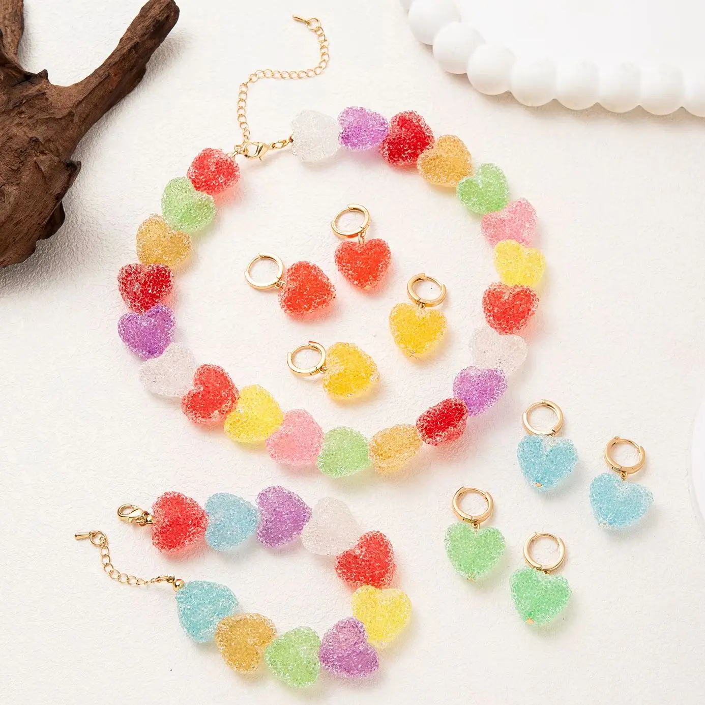 Colorful Gummy Candy Resin Heart Beaded Choker Necklace Bracelet for Women Gold Color Stainless Steel Hoop Earrings Jewelry guft