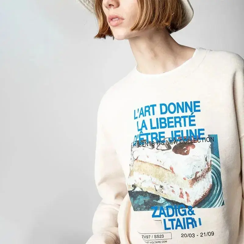 

Zadig Casual Sweatshirt Women New Fashion Cake Pattern Casual Pullover Top Female Grunge Cotton Pullovers Sweatshirts Clothing