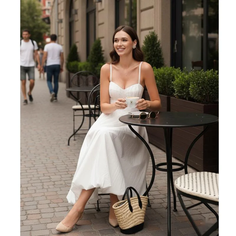 

Summer Women 100% Cotton Spaghetti Strap Balloon Midi Dress Corset Waist Flared A-Line Dress For Vacation Daily Party Beach Wear
