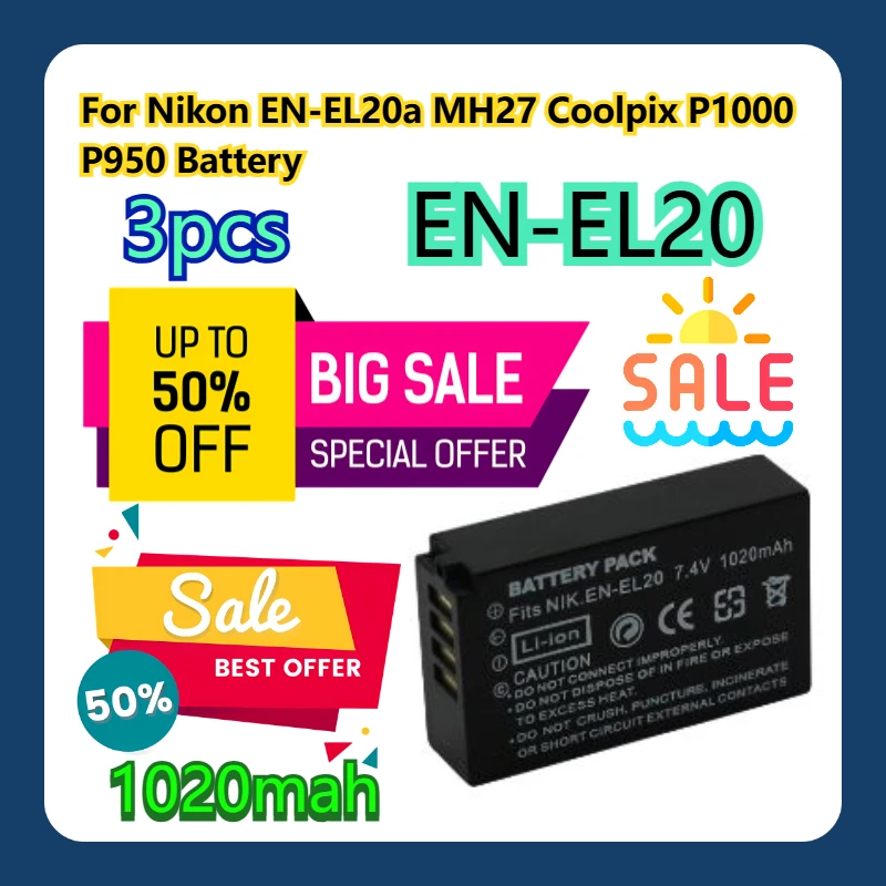 

For Nikon EN-EL20a EN-EL20 MH27 Coolpix P1000 P950 Battery 3pcs