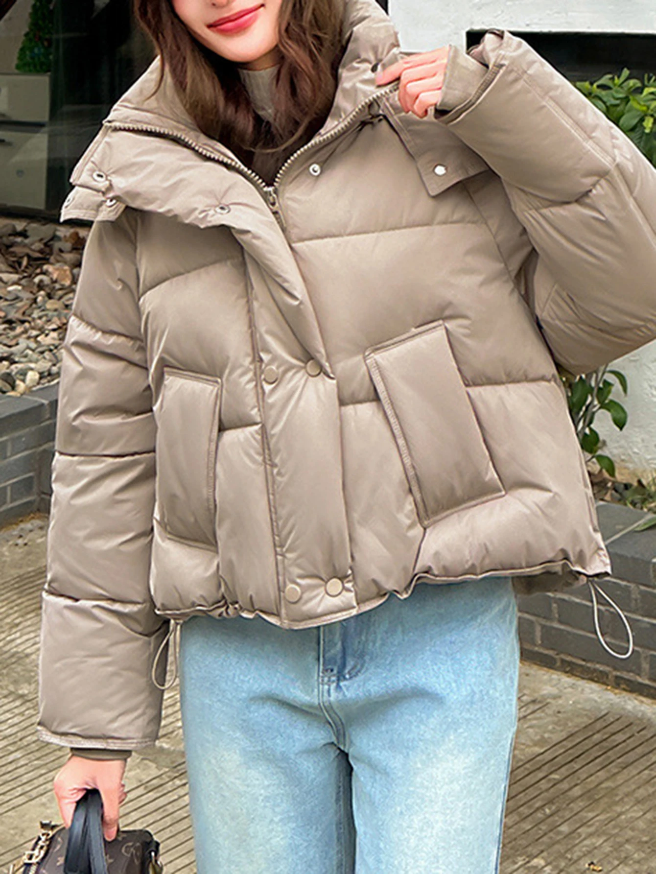 Women's Long Sleeve Hooded down Coat K-Fashion Solid Color Casual Autumn Winter Regular Fit Cotton Jacket